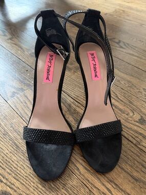 Betsey Johnson Black Crystal-Embellished Suede Ankle-Strap Heels